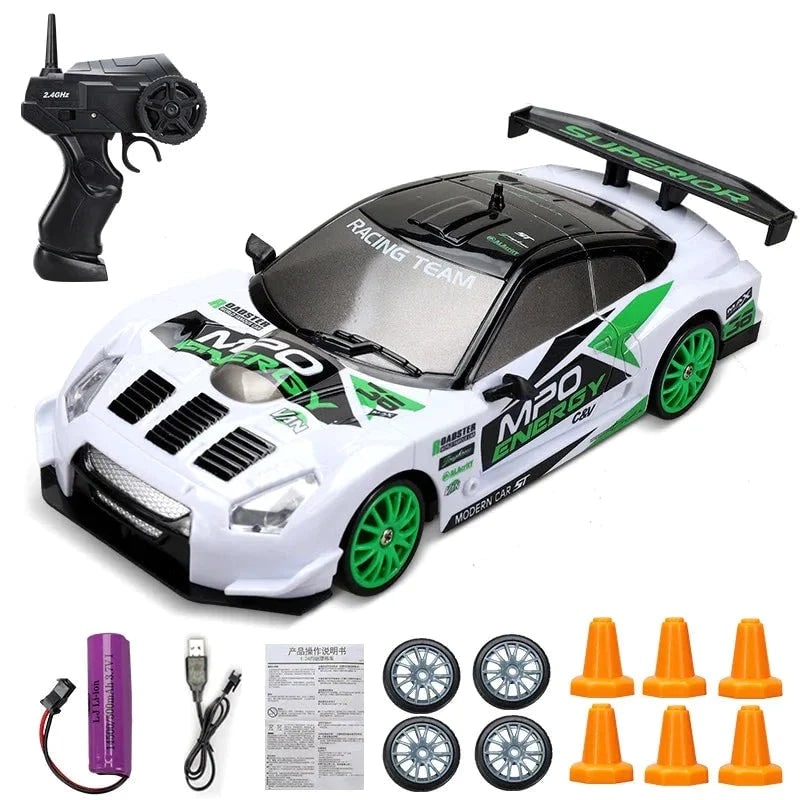 Rc Drift Car Remote Control with LED Headlights Spare Wheels and Traffic Cones