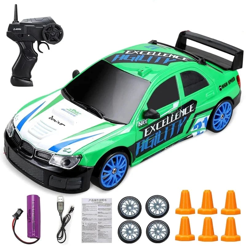 Rc Drift Car Remote Control with LED Headlights Spare Wheels and Traffic Cones