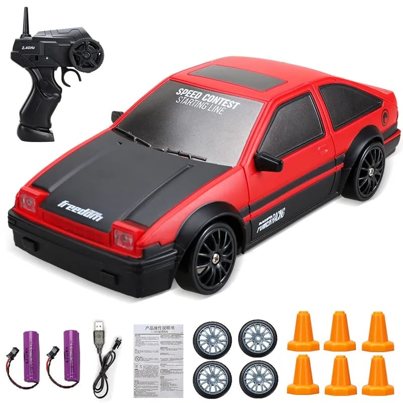 Rc Drift Car Remote Control with LED Headlights Spare Wheels and Traffic Cones