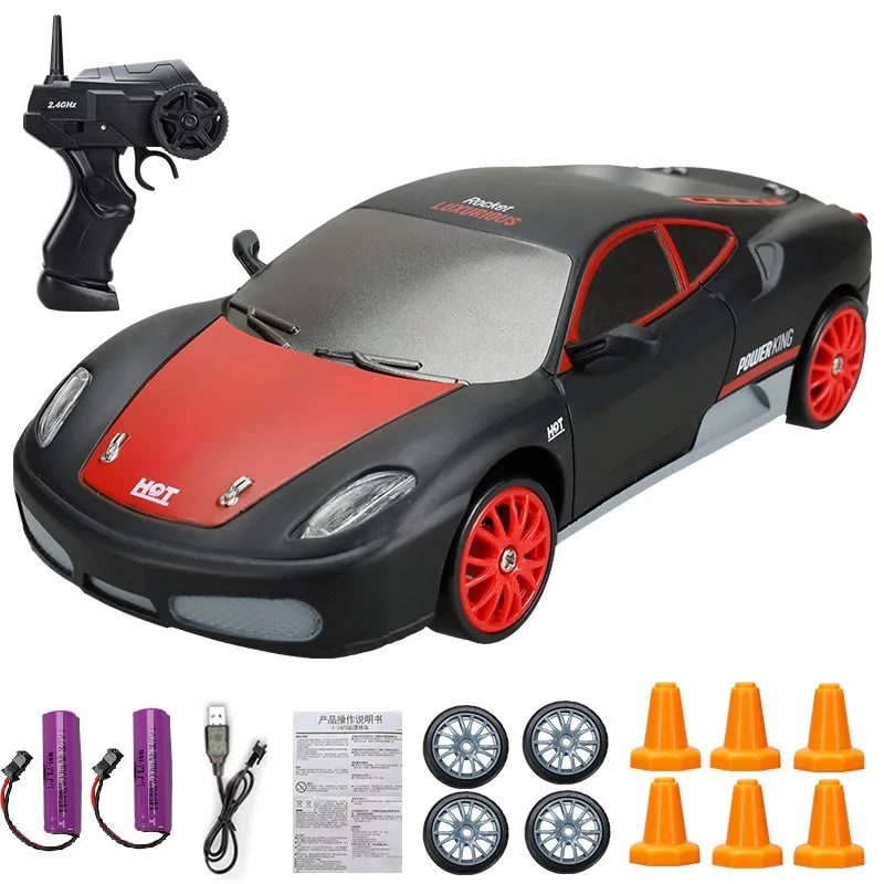 Rc Drift Car Remote Control with LED Headlights Spare Wheels and Traffic Cones