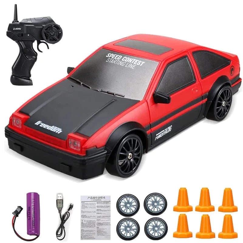 Rc Drift Car Remote Control with LED Headlights Spare Wheels and Traffic Cones