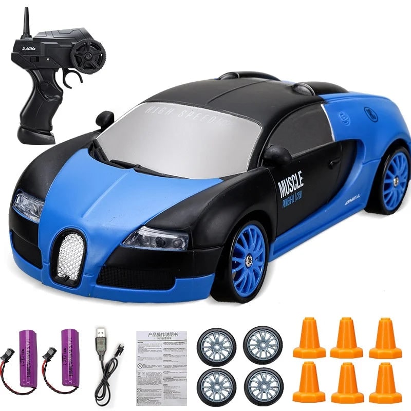 Rc Drift Car Remote Control with LED Headlights Spare Wheels and Traffic Cones