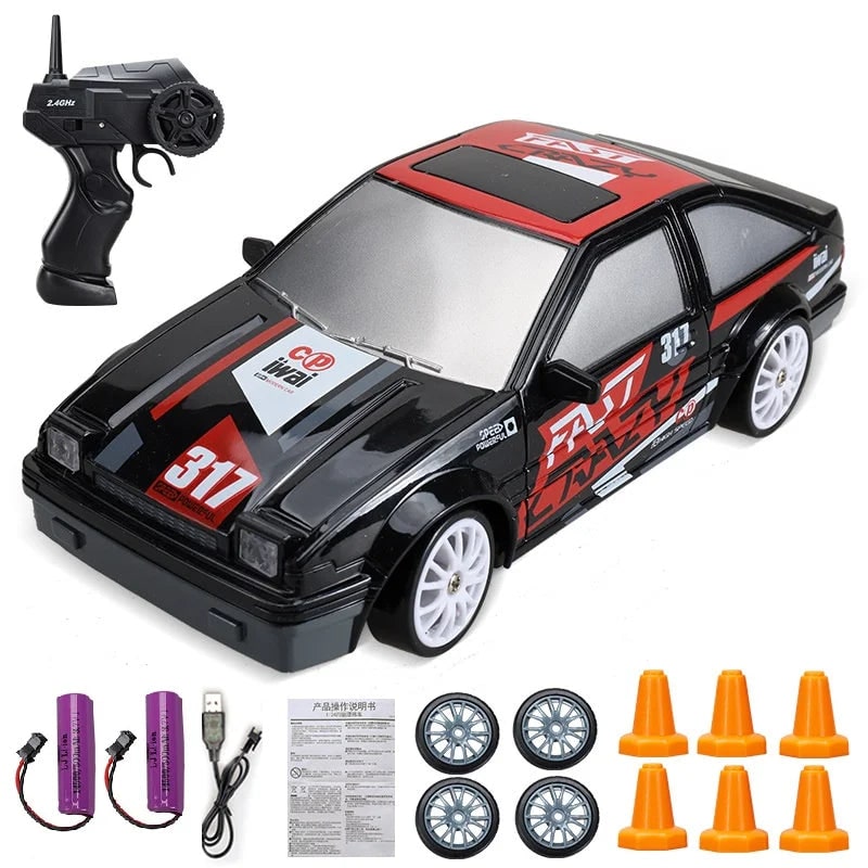 Rc Drift Car Remote Control with LED Headlights Spare Wheels and Traffic Cones