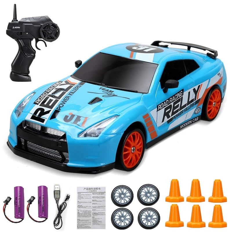 Rc Drift Car Remote Control with LED Headlights Spare Wheels and Traffic Cones