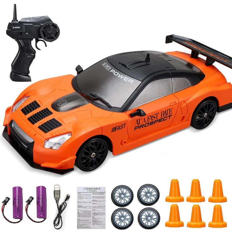 Rc Drift Car Remote Control with LED Headlights Spare Wheels and Traffic Cones