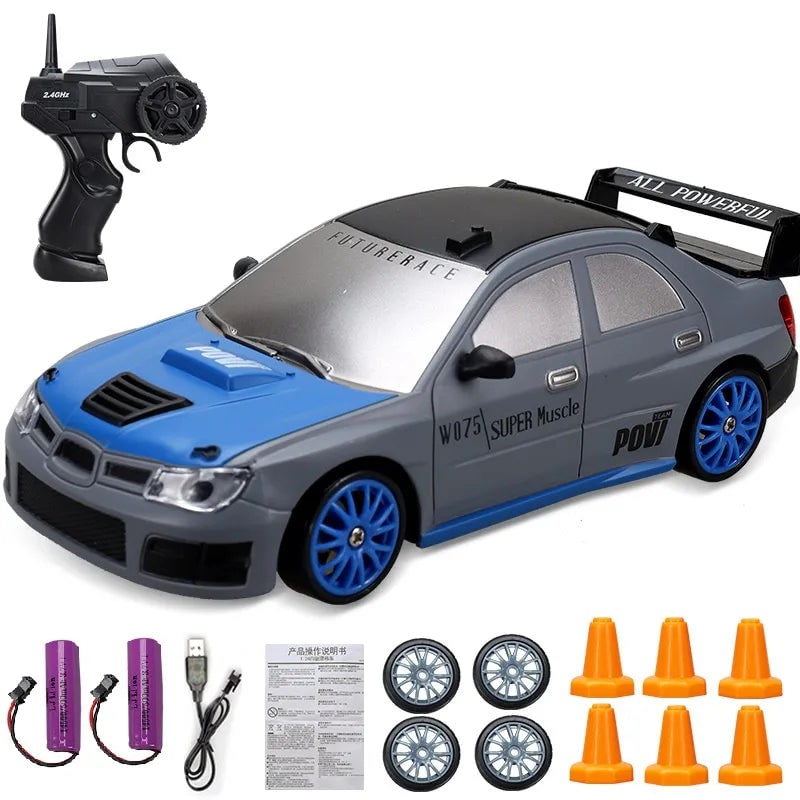 Rc Drift Car Remote Control with LED Headlights Spare Wheels and Traffic Cones