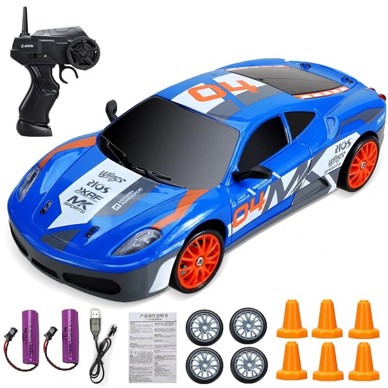 Rc Drift Car Remote Control with LED Headlights Spare Wheels and Traffic Cones