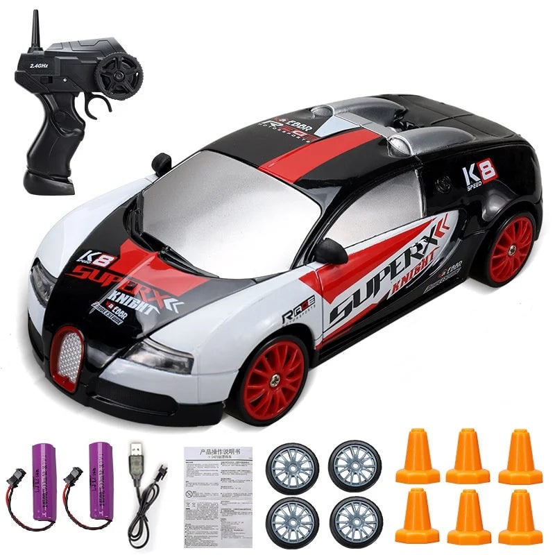 Rc Drift Car Remote Control with LED Headlights Spare Wheels and Traffic Cones