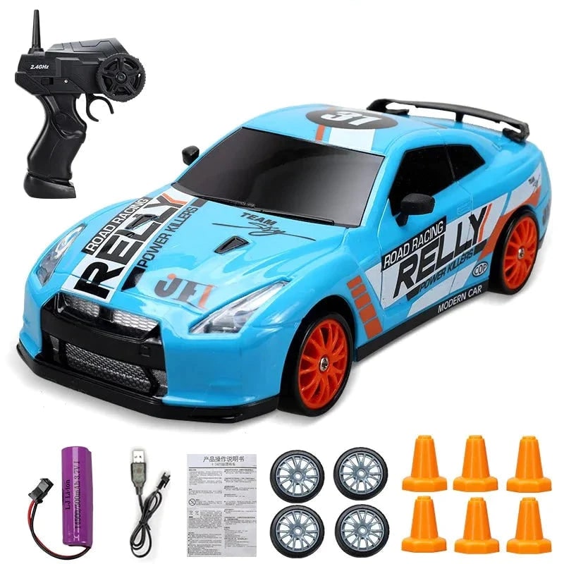 Rc Drift Car Remote Control with LED Headlights Spare Wheels and Traffic Cones