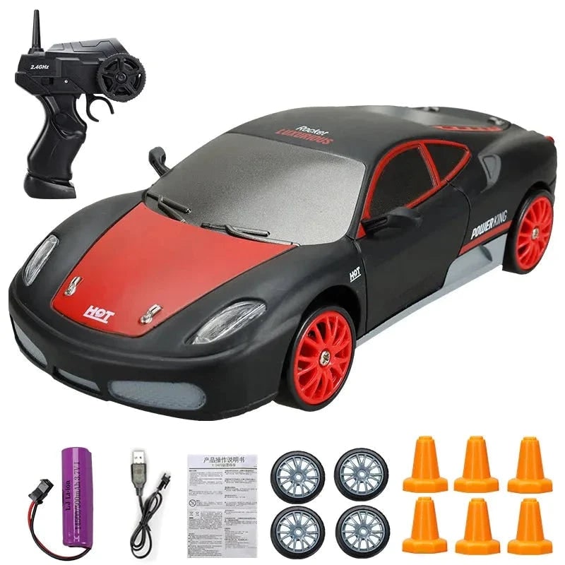 Rc Drift Car Remote Control with LED Headlights Spare Wheels and Traffic Cones