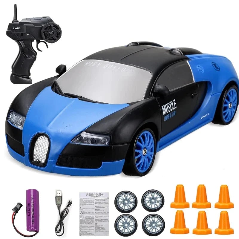 Rc Drift Car Remote Control with LED Headlights Spare Wheels and Traffic Cones