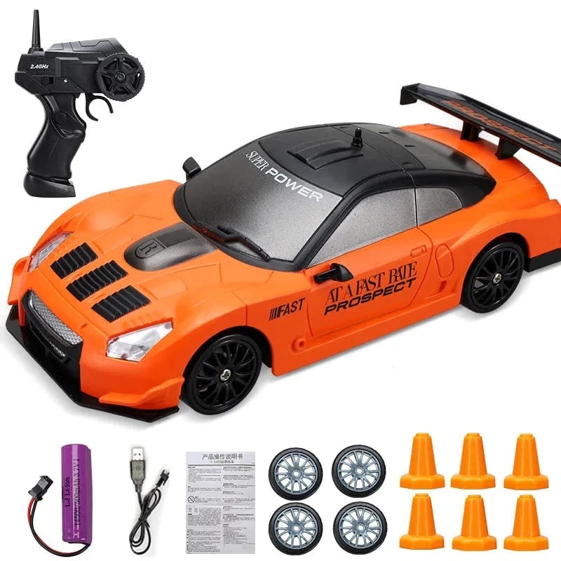 Rc Drift Car Remote Control with LED Headlights Spare Wheels and Traffic Cones