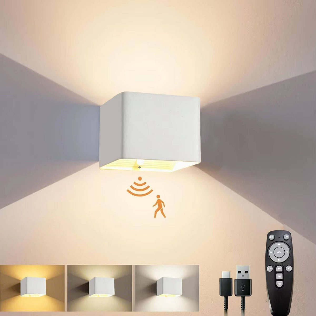 Rechargeable Wall Light Sconce with Motion Sensor Remote Control and Dimmable LED