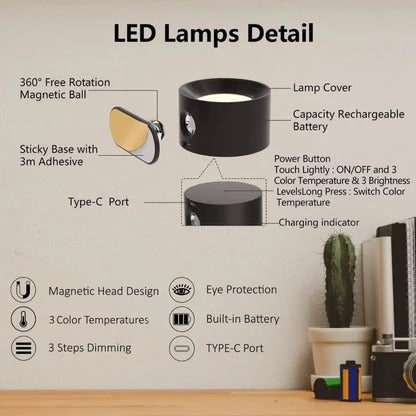 Rechargeable Wall Sconce with Modern Cordless LED Lighting and 360° Magnetic Rotation Lamp