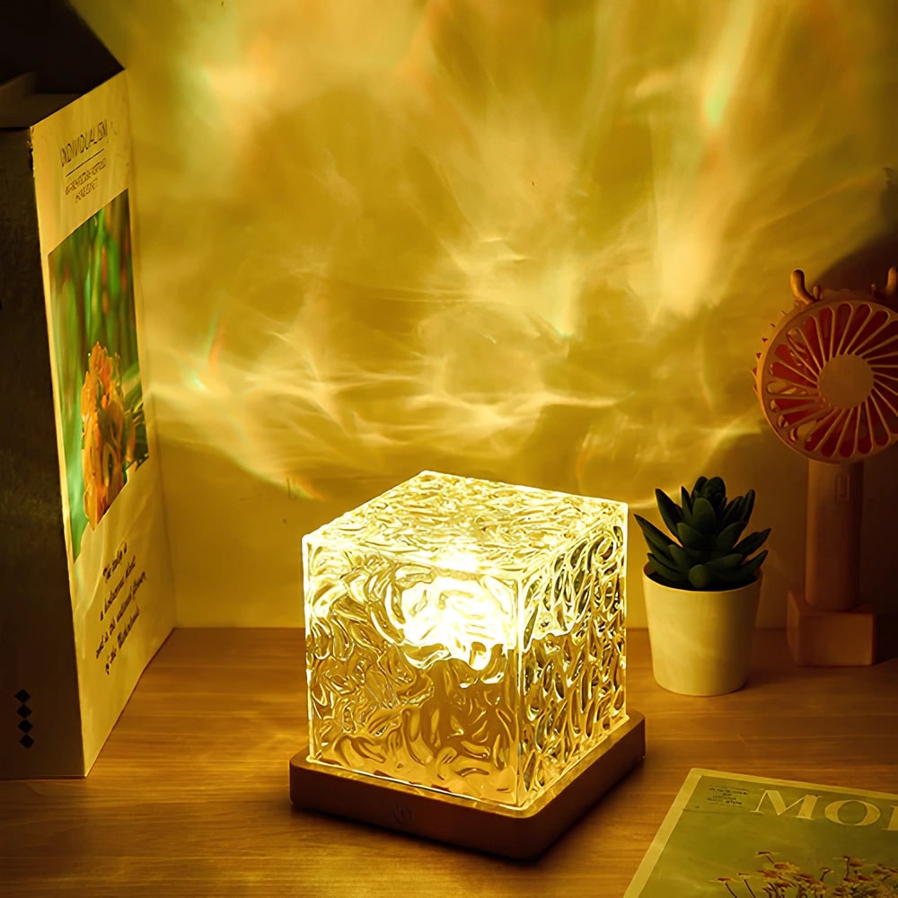 Remote Control Lamp Projector Water Ripple Cube Wood Base LED Aurora
