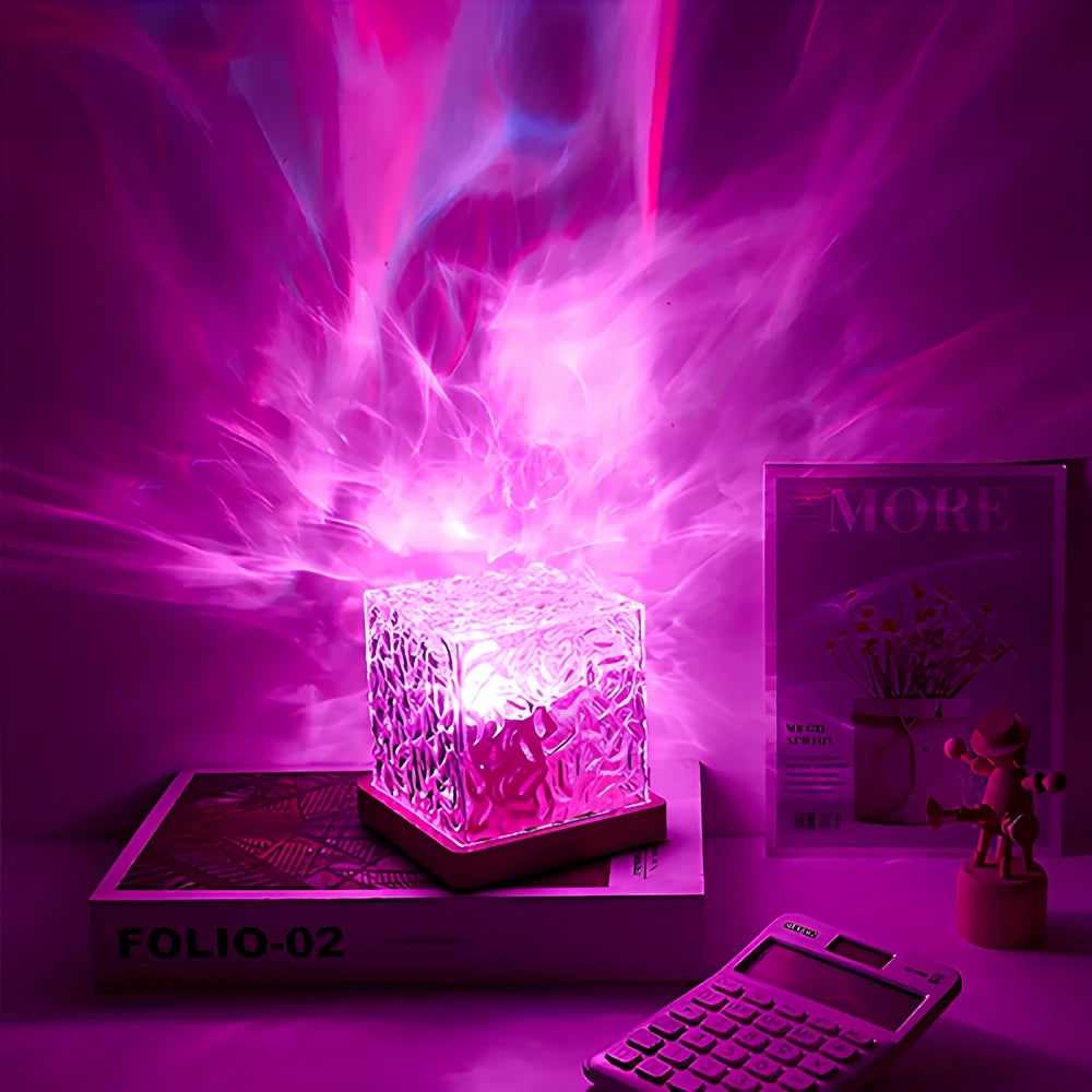 Remote Control Lamp Projector Water Ripple Cube Wood Base LED Aurora