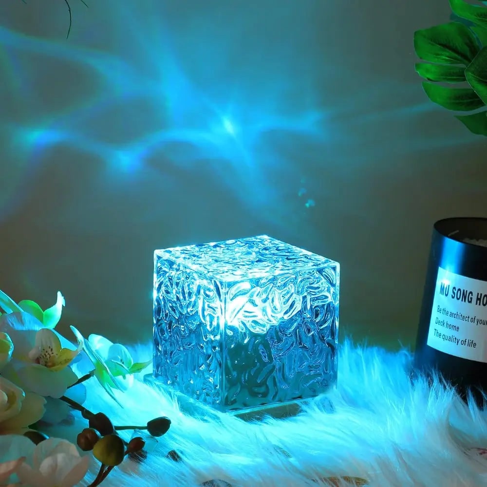 Remote Control Lamp Projector Water Ripple Cube Wood Base LED Aurora