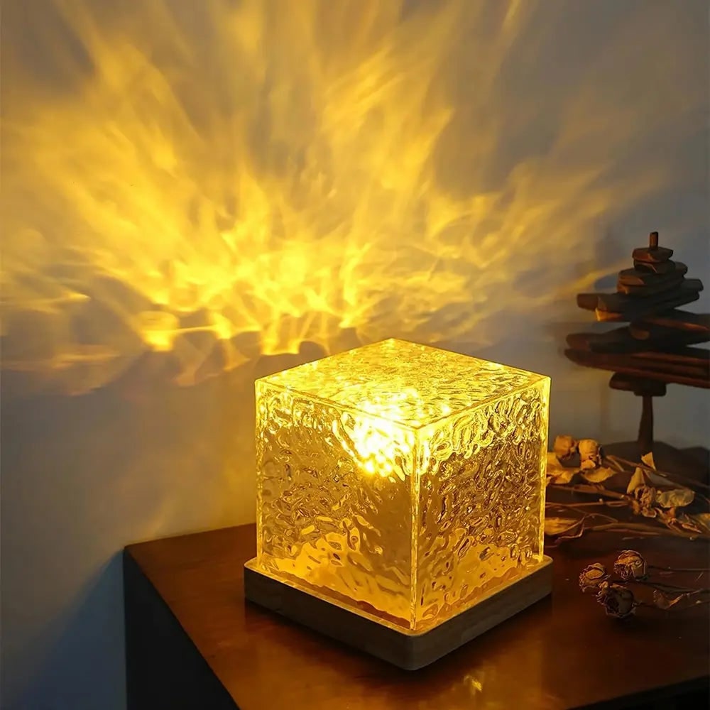 Remote Control Lamp Projector Water Ripple Cube Wood Base LED Aurora