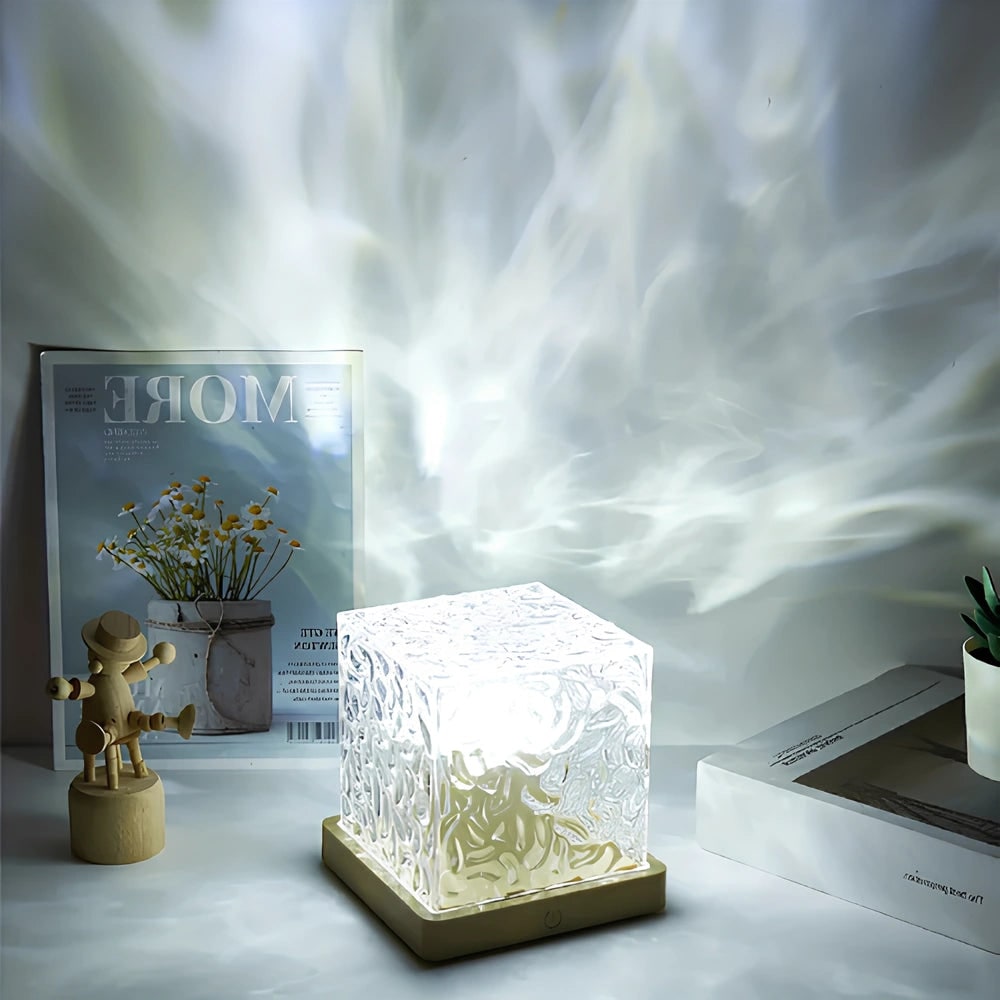 Remote Control Lamp Projector Water Ripple Cube Wood Base LED Aurora