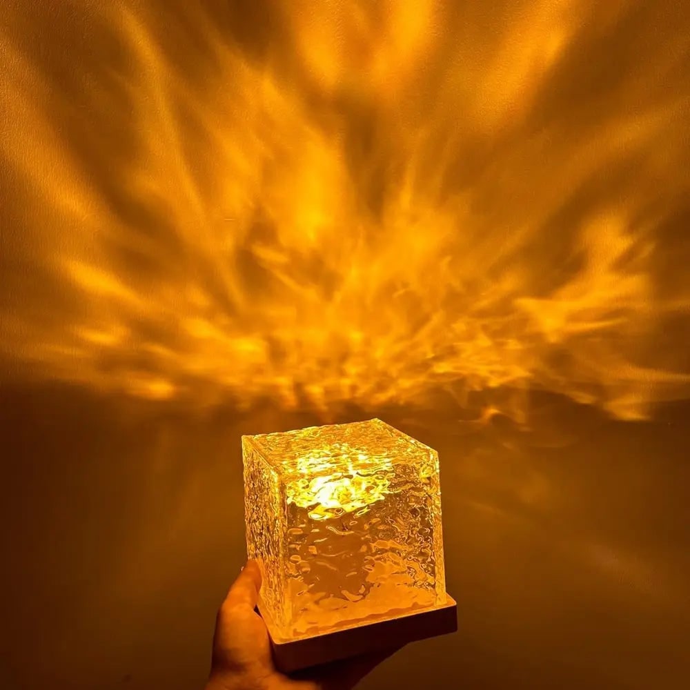 Remote Control Lamp Projector Water Ripple Cube Wood Base LED Aurora