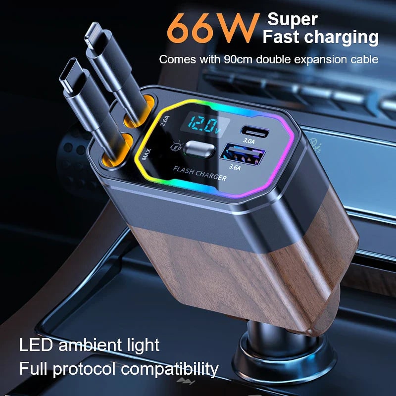 Retractable Car Phone Charger with Dual Usb-C and Fast Charging for Portable Devices