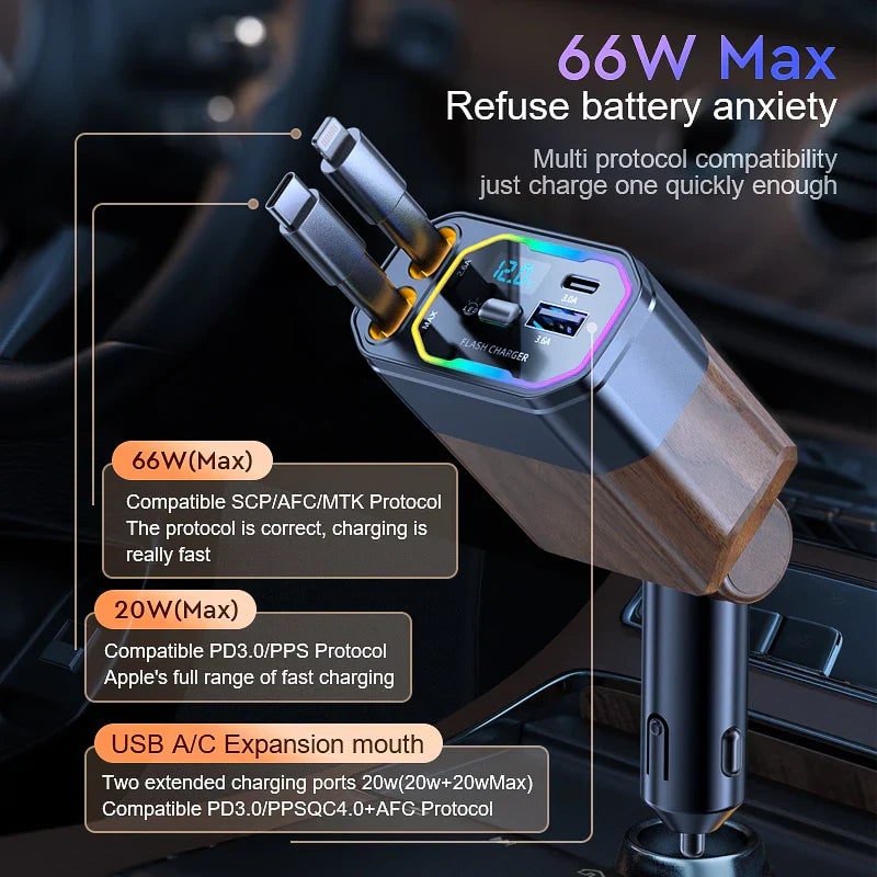 Retractable Car Phone Charger with Dual Usb-C and Fast Charging for Portable Devices