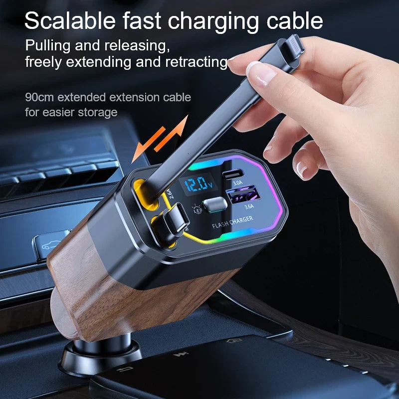 Retractable Car Phone Charger with Dual Usb-C and Fast Charging for Portable Devices