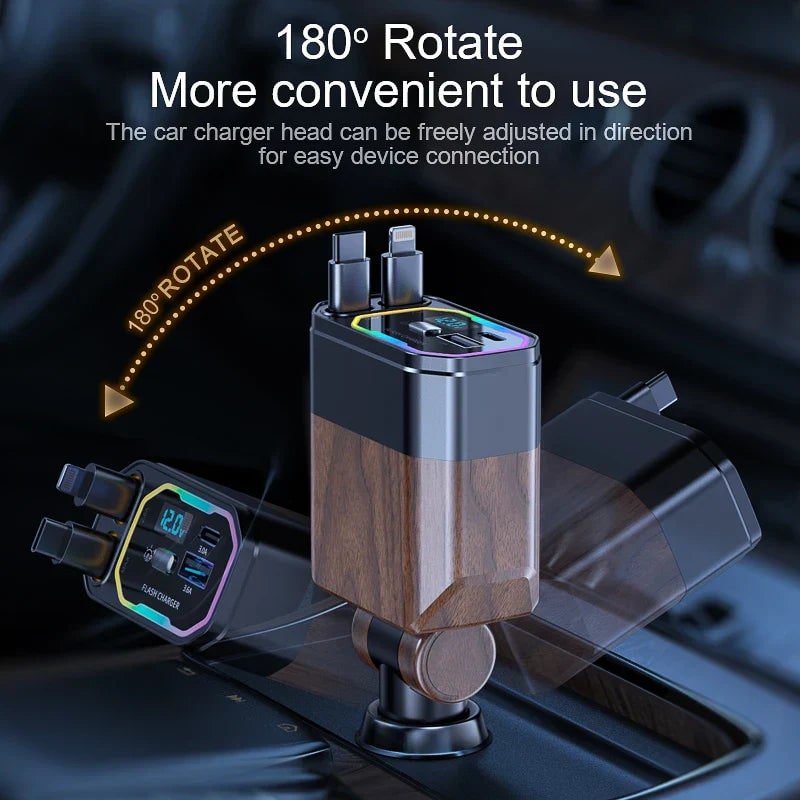 Retractable Car Phone Charger with Dual Usb-C and Fast Charging for Portable Devices