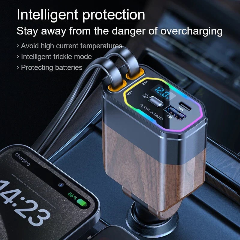 Retractable Car Phone Charger with Dual Usb-C and Fast Charging for Portable Devices