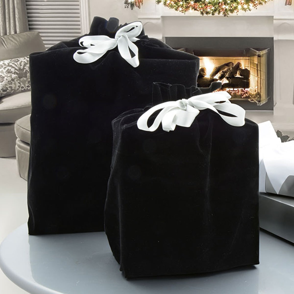 Reusable Black Plush Velvet Gift Bag with Satin Ribbon Drawstring and Ruffled Top