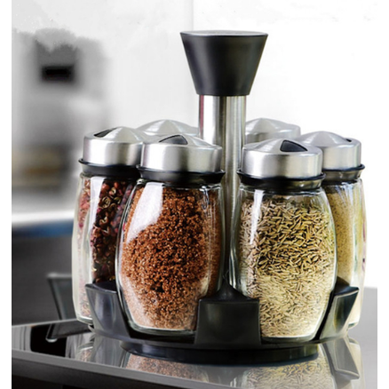 Rotating Spice Rack Organizer with 6 Glass Jars and Lazy Susan Carousel Base Countertop