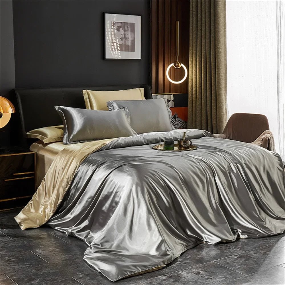 Satin Silk Luxury Bedding Set with Duvet Cover and Pillowcases Smooth Glossy Finish Sheets