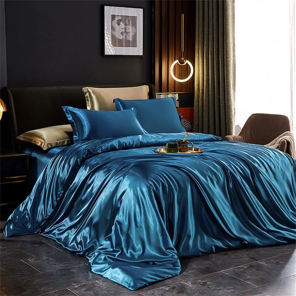 Satin Silk Luxury Bedding Set with Duvet Cover and Pillowcases Smooth Glossy Finish Sheets