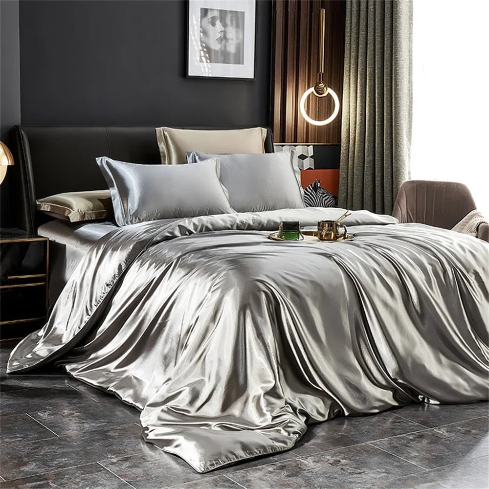 Satin Silk Luxury Bedding Set with Duvet Cover and Pillowcases Smooth Glossy Finish Sheets