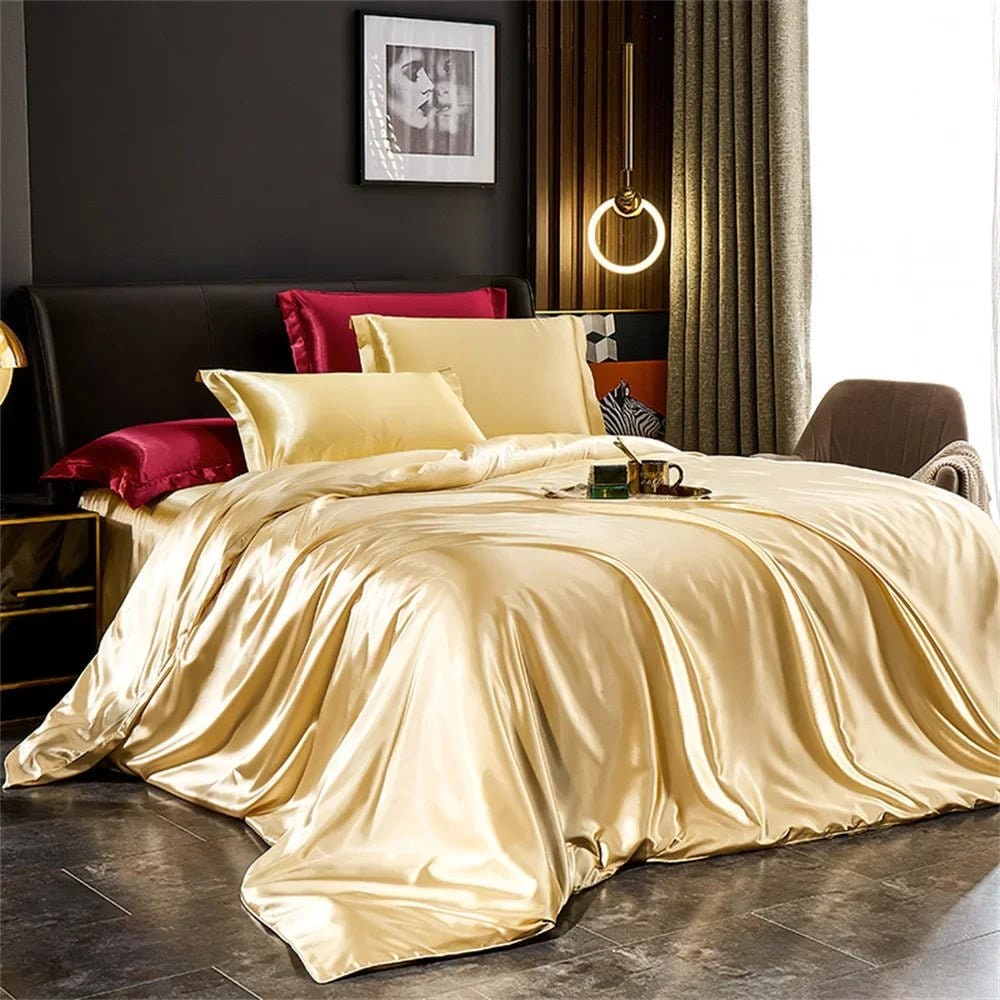 Satin Silk Luxury Bedding Set with Duvet Cover and Pillowcases Smooth Glossy Finish Sheets