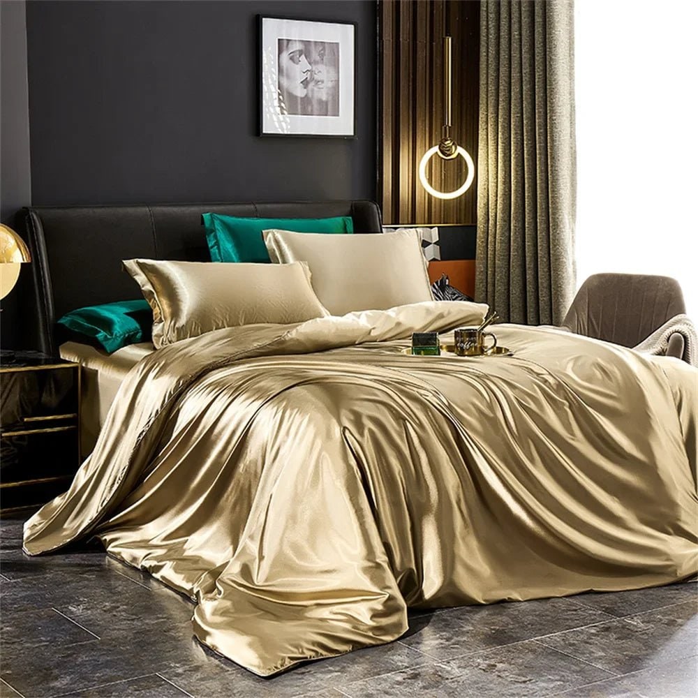 Satin Silk Luxury Bedding Set with Duvet Cover and Pillowcases Smooth Glossy Finish Sheets