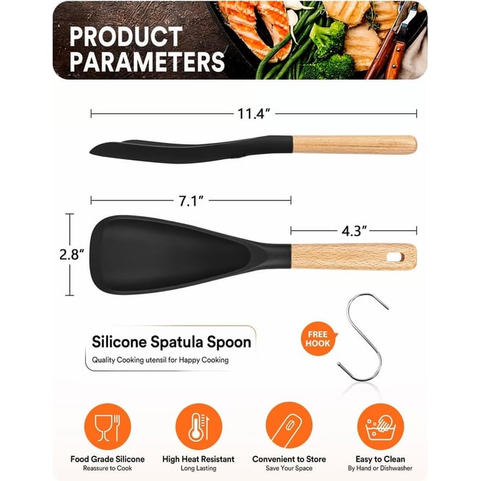 Silicone Spatula and Cooking Spoon with Wooden Handle for Kitchen Utensils