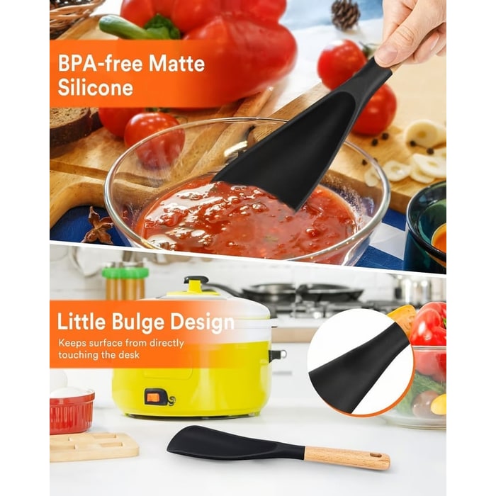 Silicone Spatula and Cooking Spoon with Wooden Handle for Kitchen Utensils