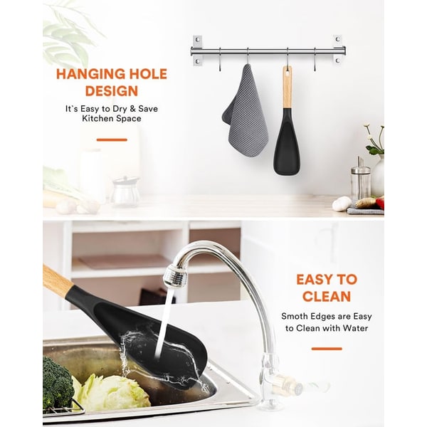 Silicone Spatula and Cooking Spoon with Wooden Handle for Kitchen Utensils
