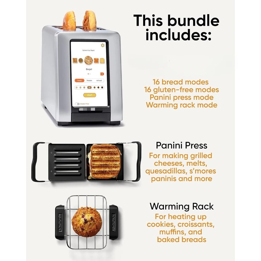 Smart Touchscreen Toaster Two Slice Panini Press Warming Rack Metal Digital