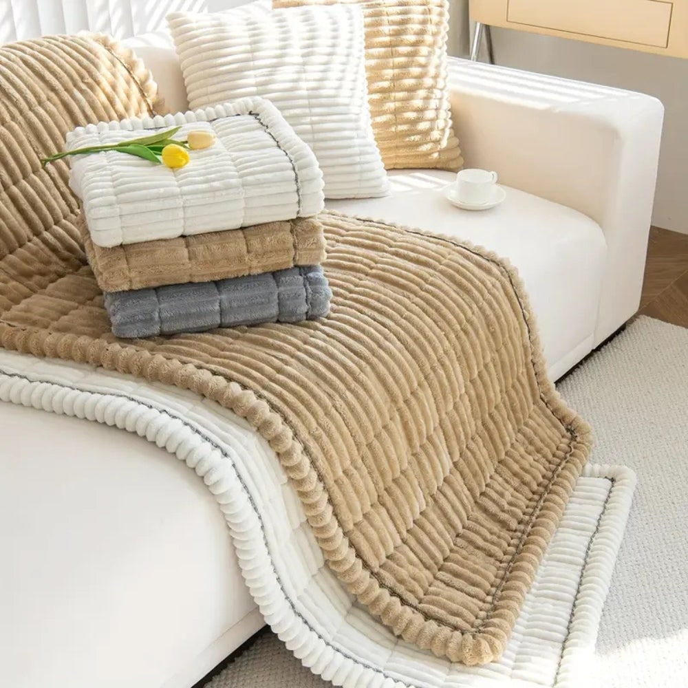 Sofa Couch Seat Cushion Cover with Pleated Edges Quilted Plush Non-Slip Protector