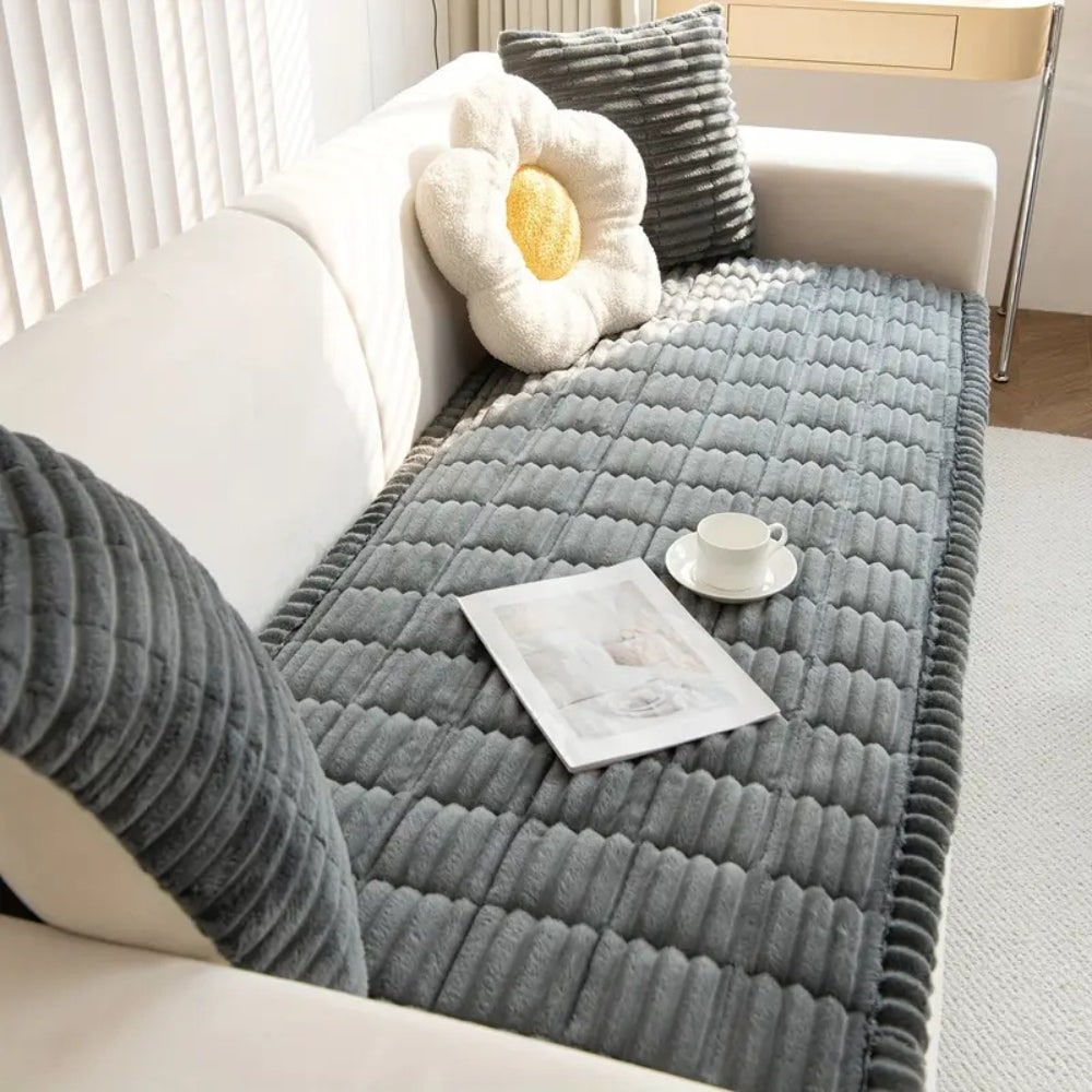 Sofa Couch Seat Cushion Cover with Pleated Edges Quilted Plush Non-Slip Protector