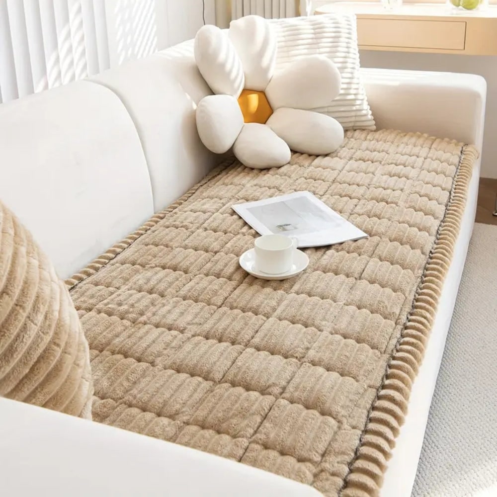 Sofa Couch Seat Cushion Cover with Pleated Edges Quilted Plush Non-Slip Protector