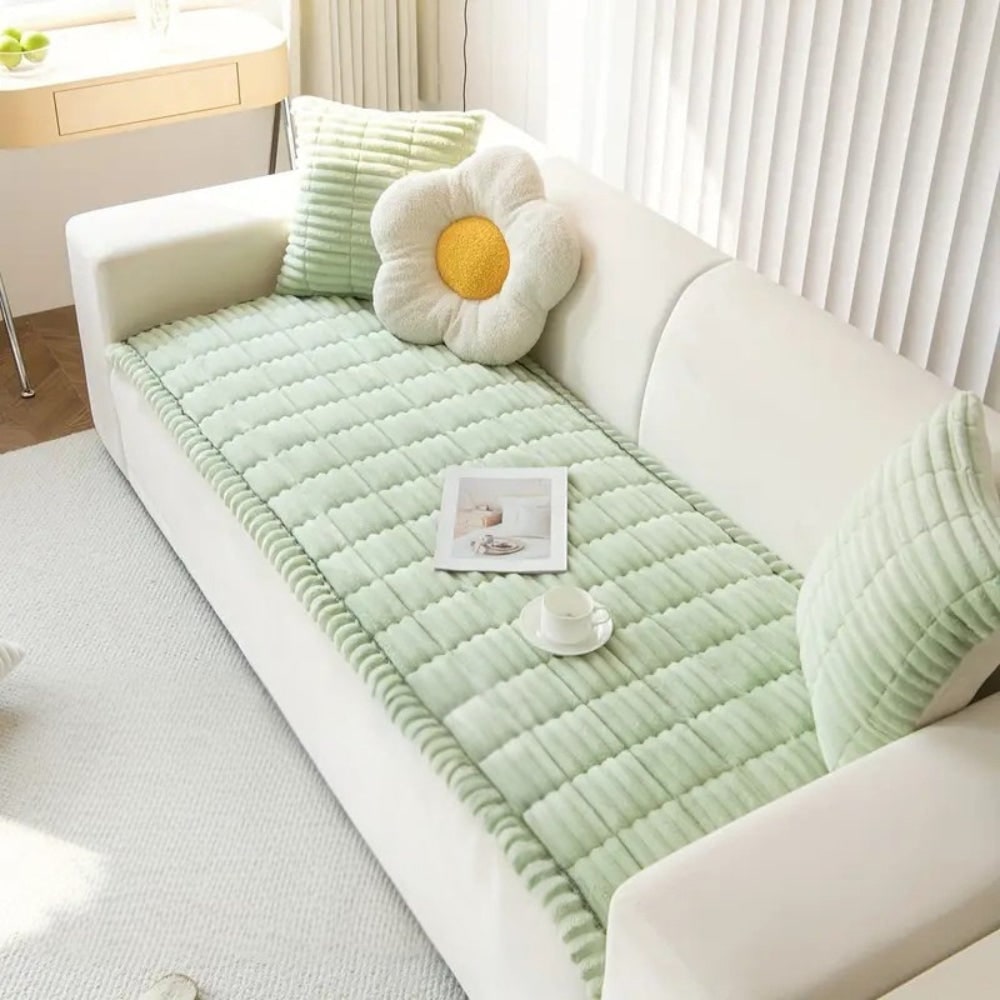 Sofa Couch Seat Cushion Cover with Pleated Edges Quilted Plush Non-Slip Protector
