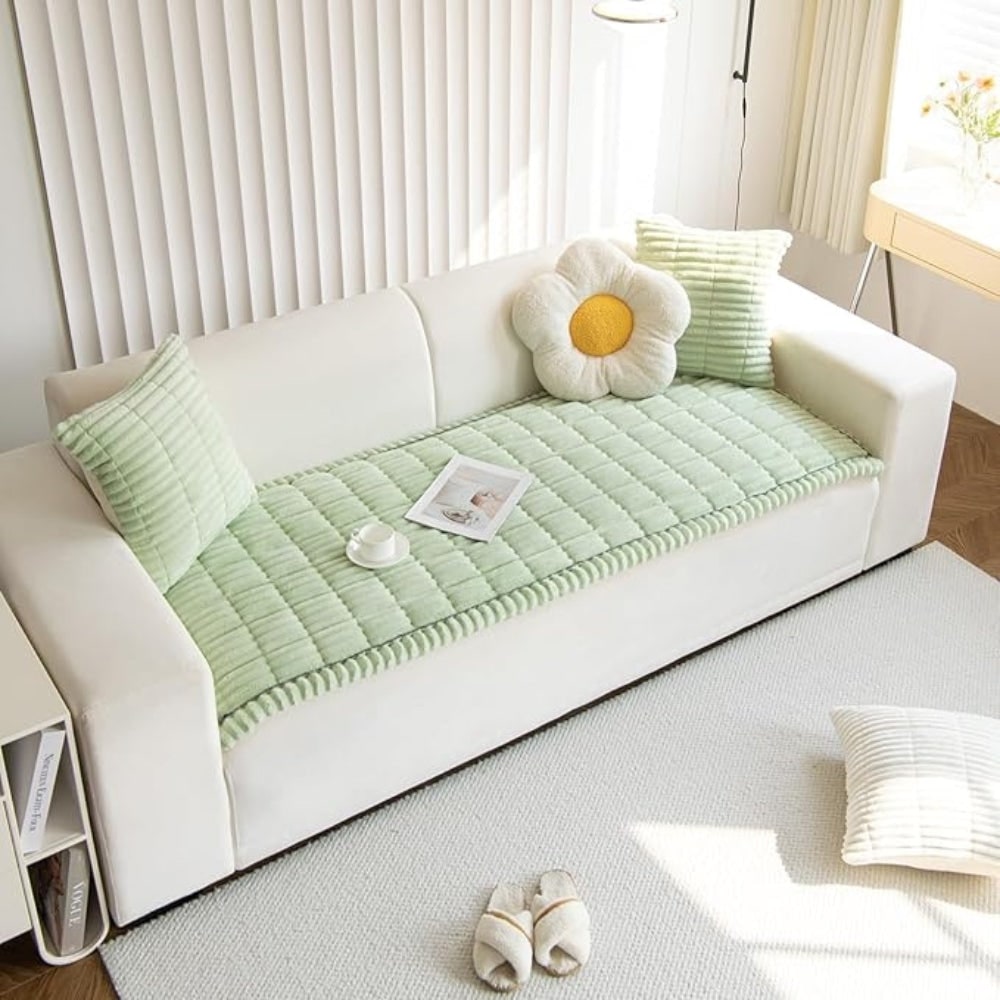 Sofa Couch Seat Cushion Cover with Pleated Edges Quilted Plush Non-Slip Protector