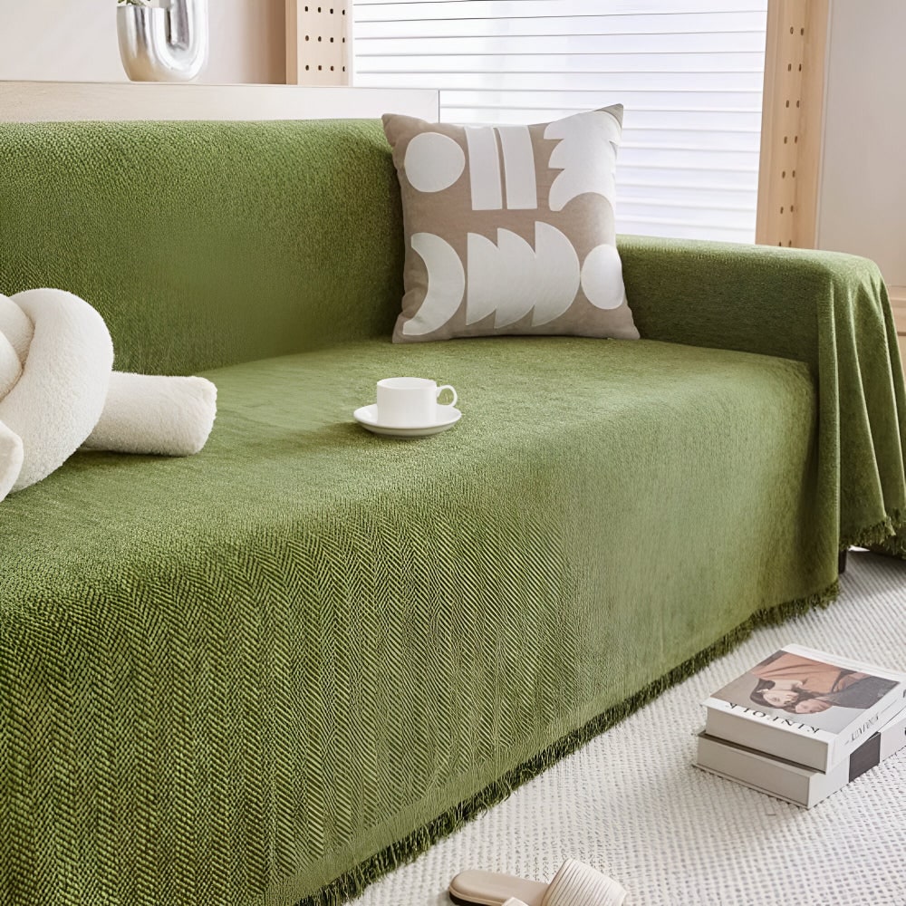 Sofa Throw Blanket Cover with Woven Herringbone and Fringed Tassel Edges
