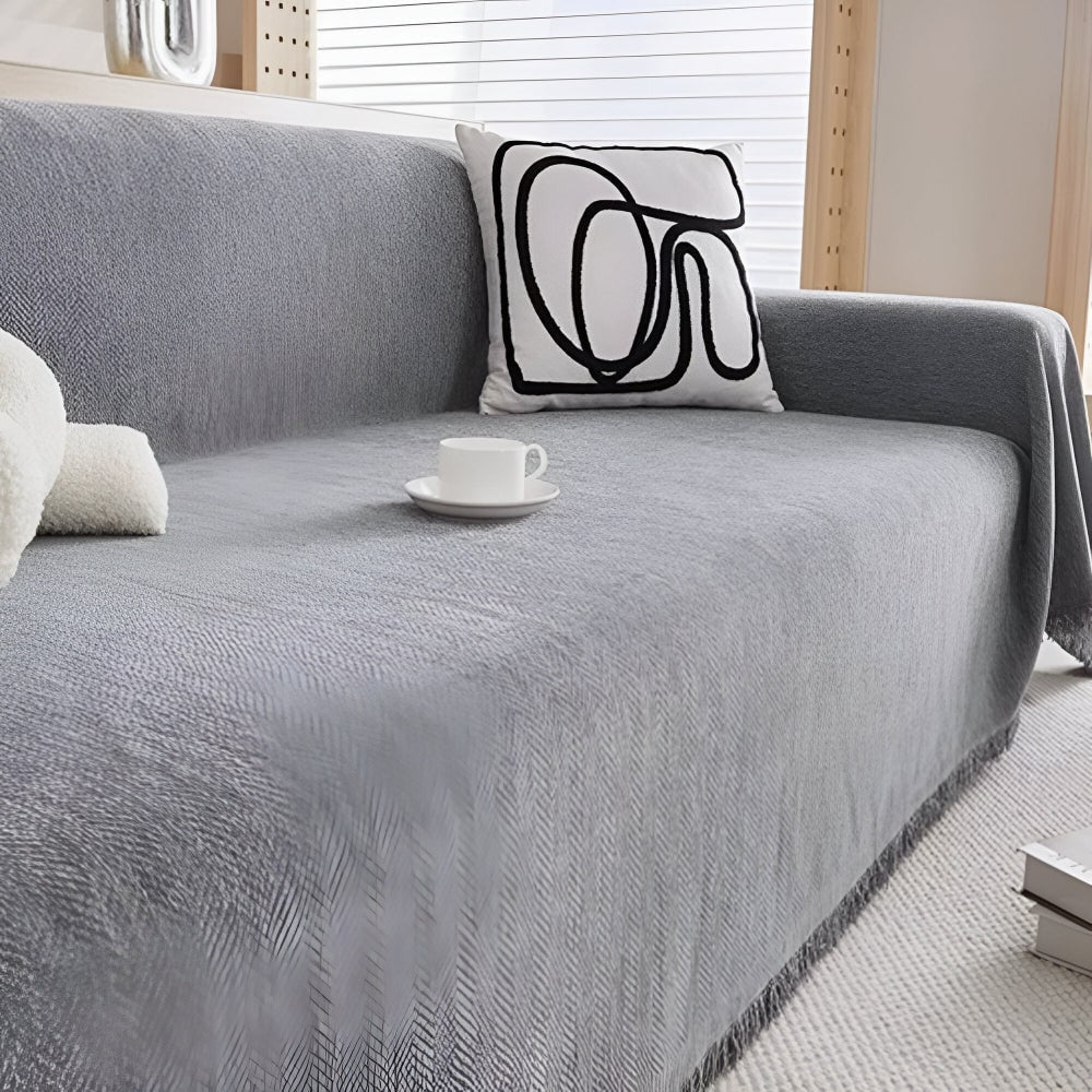 Sofa Throw Blanket Cover with Woven Herringbone and Fringed Tassel Edges