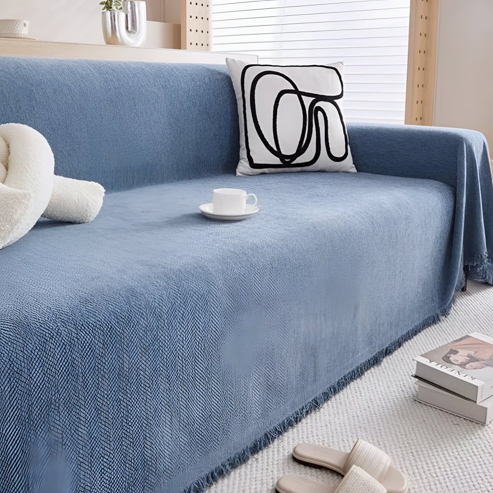 Sofa Throw Blanket Cover with Woven Herringbone and Fringed Tassel Edges