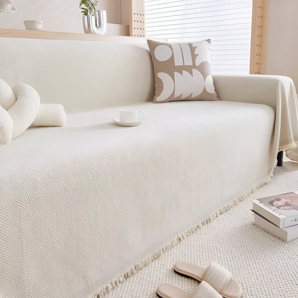 Sofa Throw Blanket Cover with Woven Herringbone and Fringed Tassel Edges