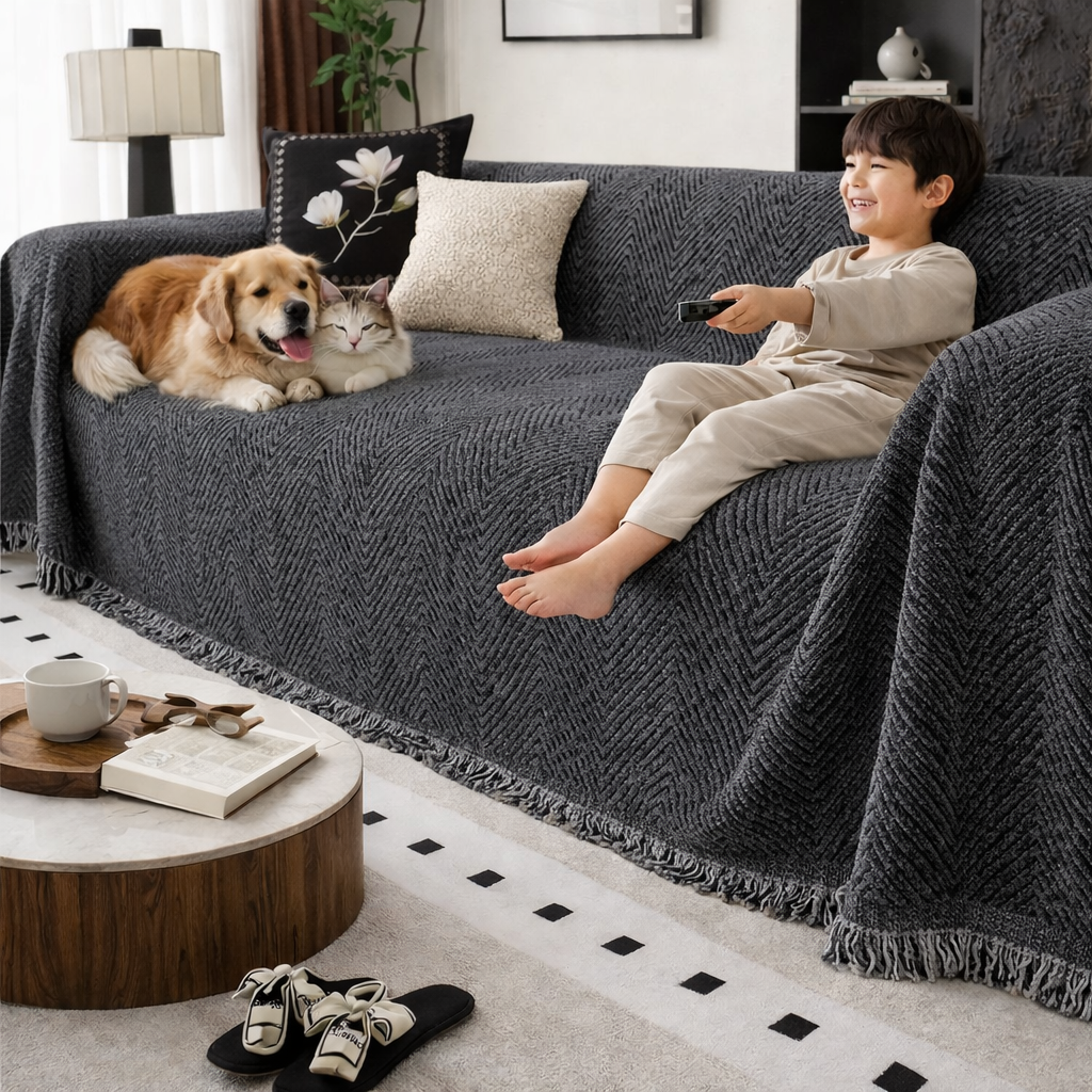Sofa Throw Blanket Couch Woven Herringbone with Fringed Tassels Decorative